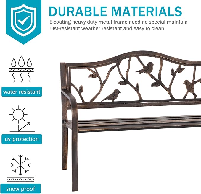 MFSTUDIO 50" Outdoor Garden Bench, Patio Metal Frame Park Bench - Image 6