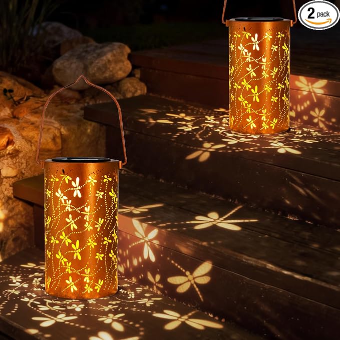 2 Pack Solar Lanterns Outdoor Hanging Lantern Lights, Dragonfly Hollowed-Out by DIBIEECN