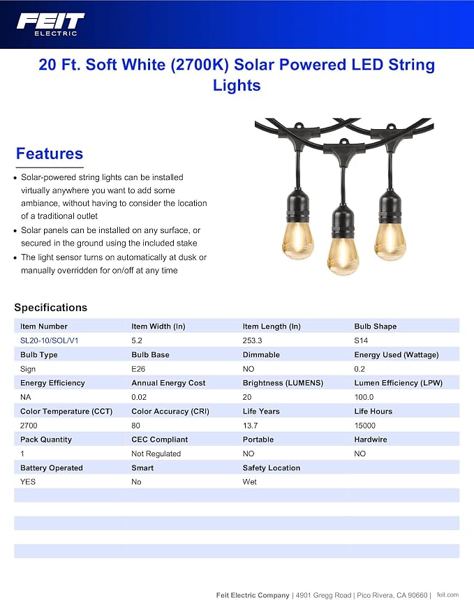 Feit Electric LED Solar Powered String Lights, Dusk-to-Dawn Sensor, 20ft - Image 2