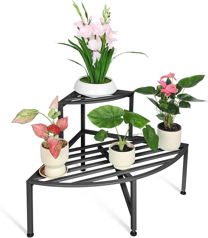 Corner Plant Stand Outdoor Metal, 2 Tier Heavy Duty Ladder Plant Shelf Indoor by Dipion