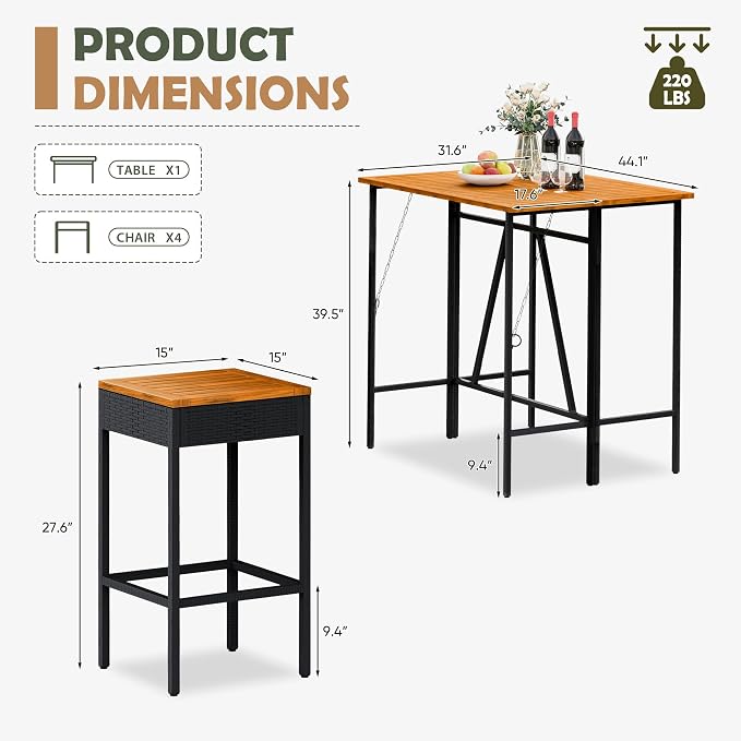 Devoko Patio Bar Set 5 Pieces Acacia Wood Patio High Top Bar Table and Stools - Image 7