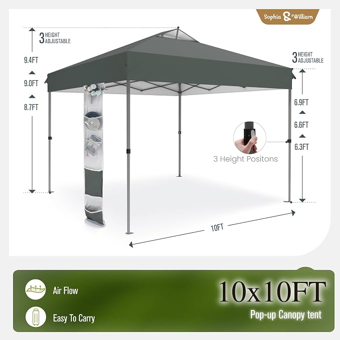 Sophia & William Canopy Tent Pop Up 10x10 ft, One Person Push Set Up Tent - Image 3