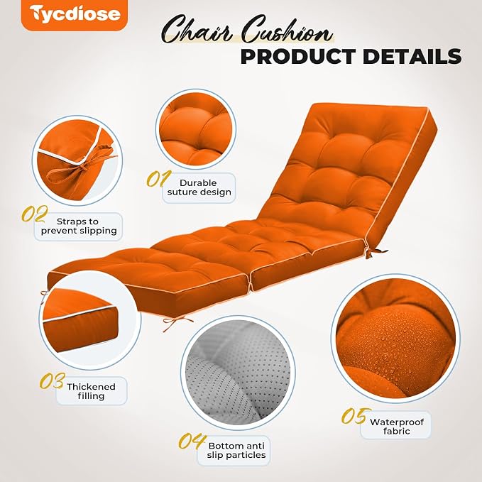 Outdoor Chaise Lounge Chair Cushion, Waterproof Non-Slip Patio Chaise Lounge - Image 5
