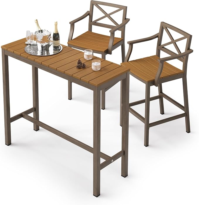 Outdoor Bar Height Table and Chairs Set, 3 Piece Patio Pub Bar Set by COZYMAN