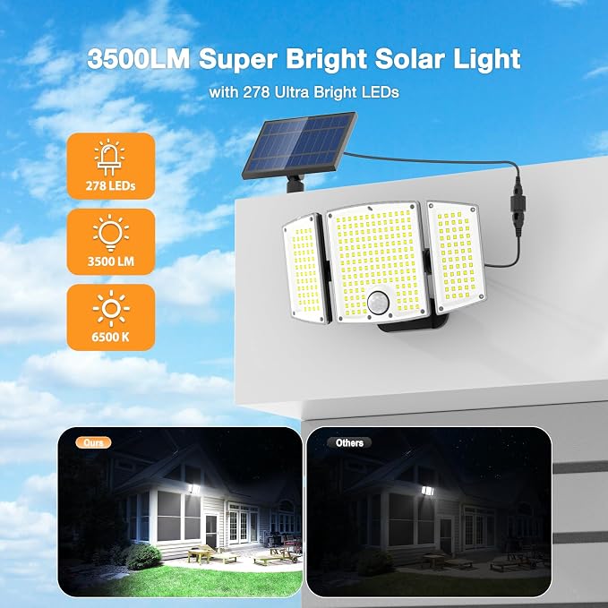 Onforu Solar Lights Outdoor, 3500LM 278 LEDs Split Motion Sensor Flood Lights - Image 2