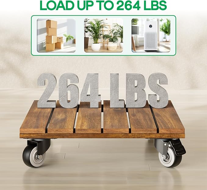 Idzo 2-Pack 12 Inch Acacia Wood Rolling Square Plant Caddy - Image 4