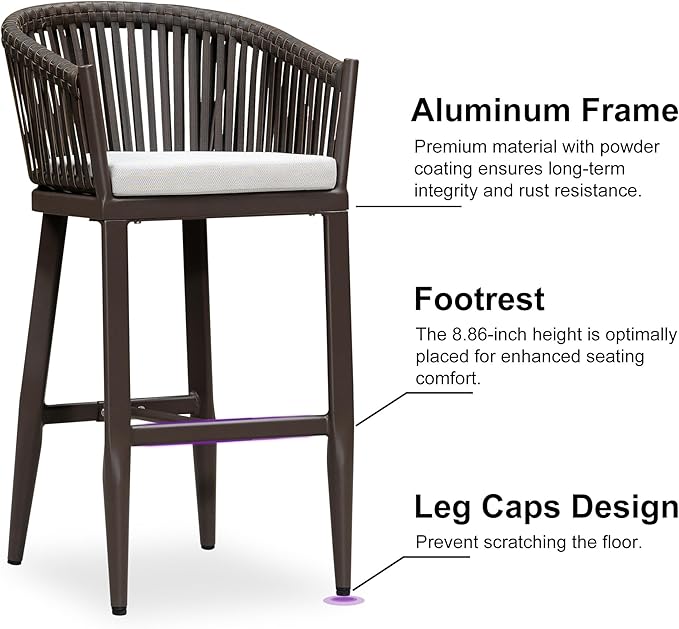 PURPLE LEAF Outdoor Bar Height Stools Set of 2 Patio Metal Modern Wicker Bar - Image 5