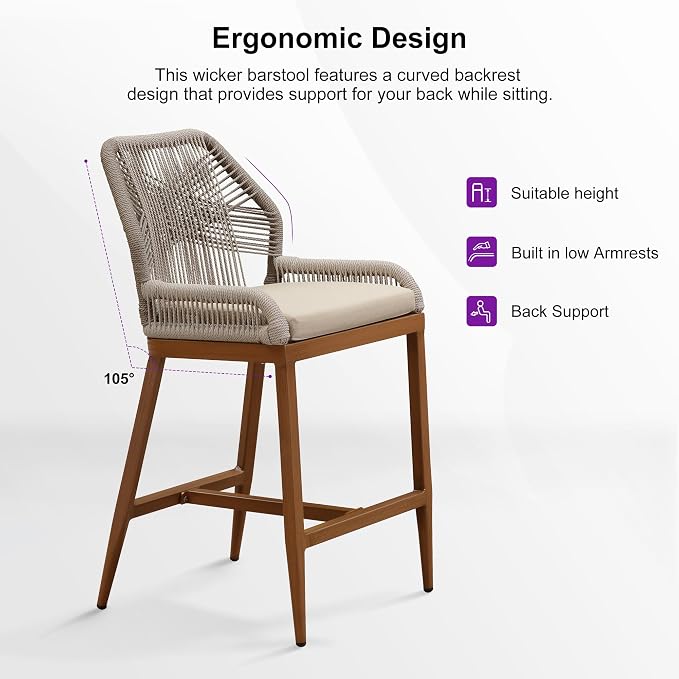 PURPLE LEAF Patio Bar Stools 28" H Set of 4 Handwoven Wicker Bar Height Stool - Image 7