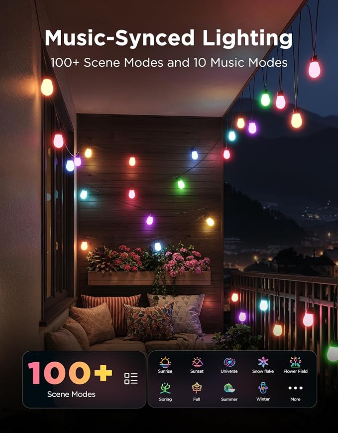 Govee S14 Bulb Outdoor String Lights 2, 96ft Smart RGBIC Warm White Patio Lights - Image 9