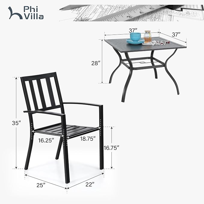 PHI VILLA 5-Piece Metal Patio Outdoor Table and Chairs Dining Set- 37" Square - Image 7