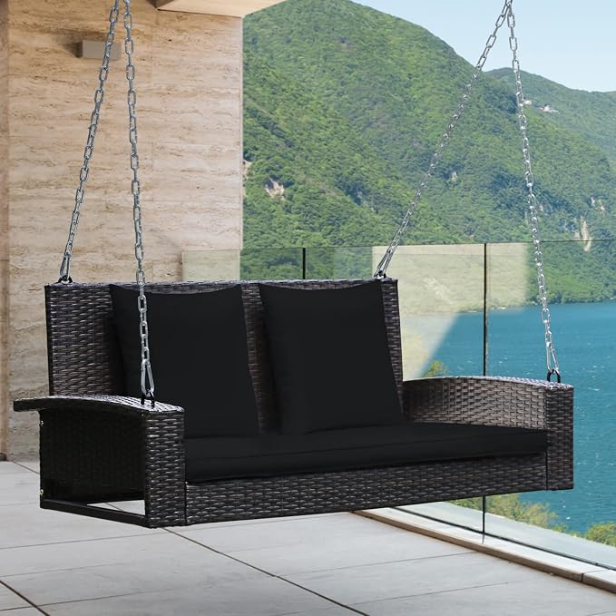 RELAX4LIFE Porch Swing 2-Seat Patio Rattan, Wicker Porch Swings Outdoor W/Two - Image 2