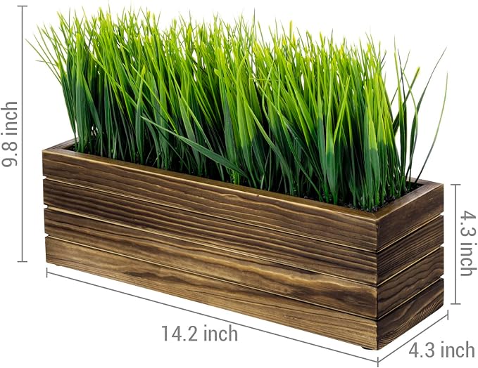 MyGift 14 Inch Artificial Green Grass Plant in Rustic Burnt Solid Wood - Image 5