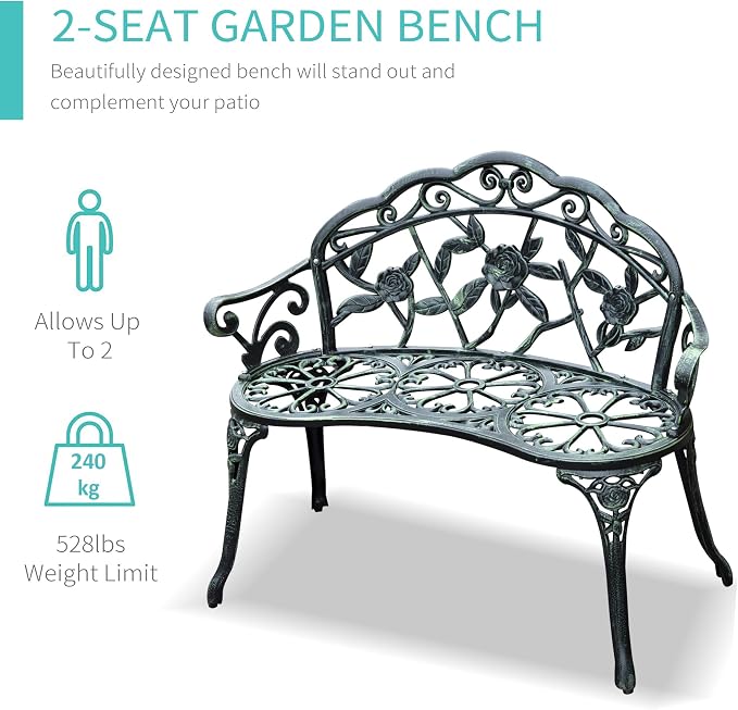 Outsunny Outdoor Bench, Cast Aluminum Outdoor Furniture, Metal Bench - Image 6