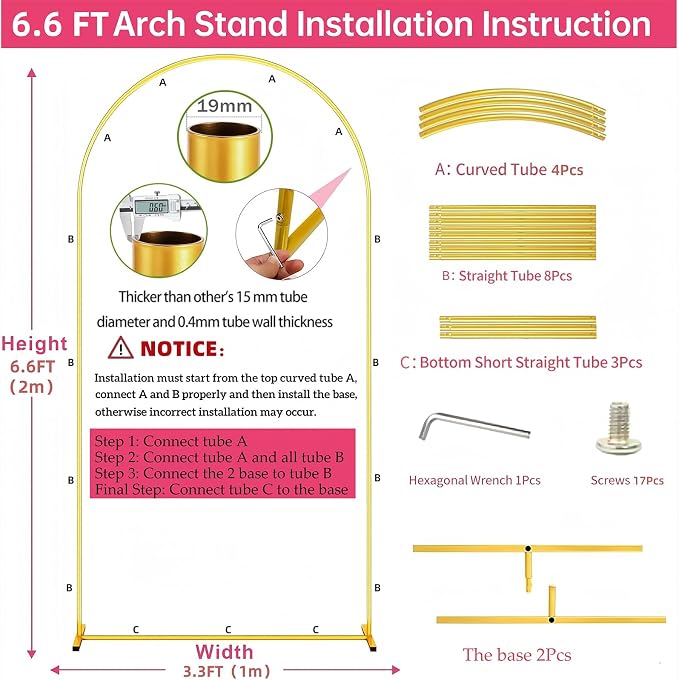 6.6FT Metal Wedding Arch Stand Gold Square Arched Backdrop Frame - Image 4