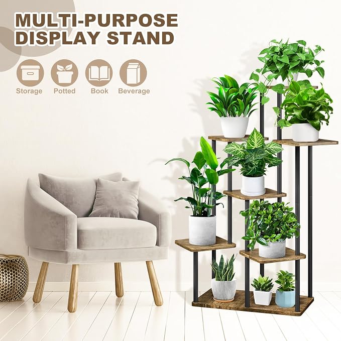 7 Tier Plant Stand Indoor, Thickened Metal Wood Corner Plant Shelf Stands - Image 4