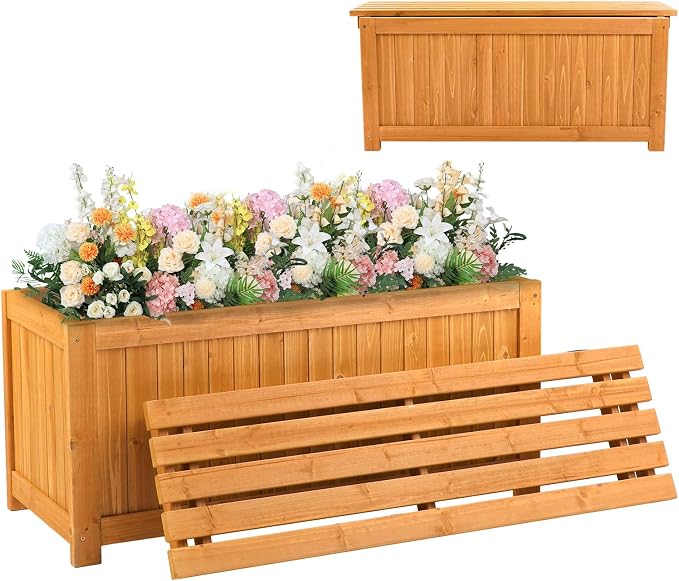 VINGLI Outdoor Wood Bench with Planter Boxes, 2-in-1 All-Weather Porch Bench by VINGLI