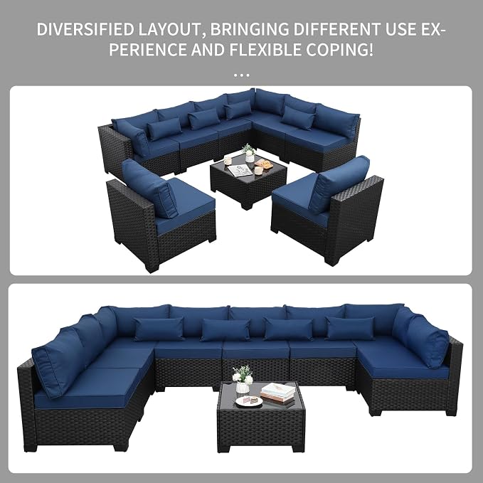 9 Pieces Outdoor Sectional All-Weather Wicker Patio Furniture Set Patio - Image 8