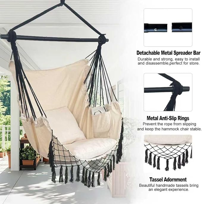 Hammock Chair Hanging Rope Swing Chair, Max 450 Lbs, Large Hanging Chair - Image 6
