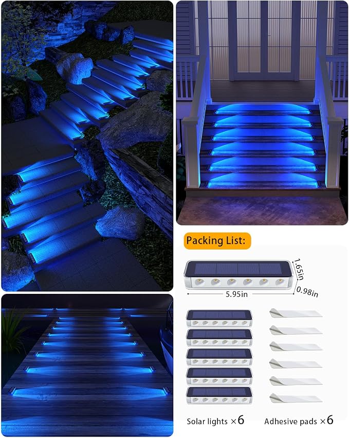 Blue Solar Lights for Outside, 6 Pack Solar Deck Lights Outdoor Waterproof LED - Image 6