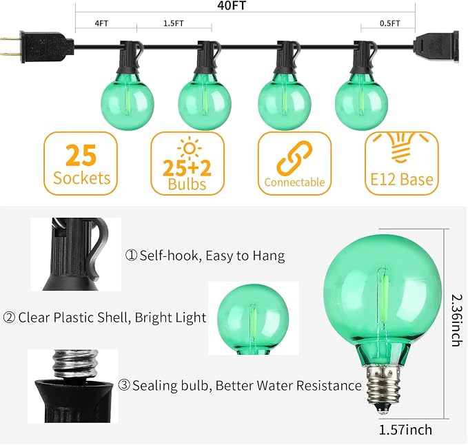 40FT LED Outdoor String Lights Waterproof, G40 LED Globe Outdoor Light - Image 5