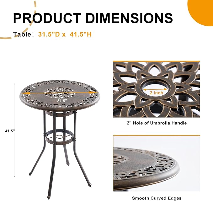 Outdoor Bar Height Table, 31.5" Round Cast Aluminum Patio Pub Table - Image 3