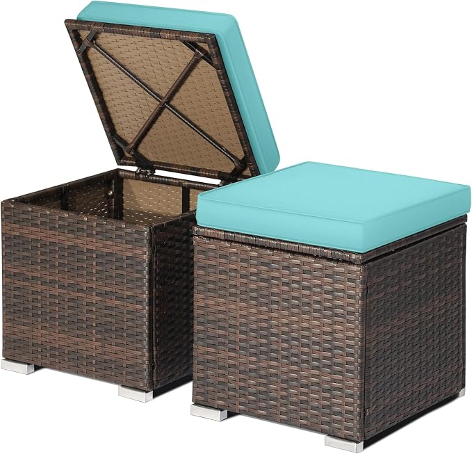 DORTALA Outdoor Storage Ottoman Wicker 2 Piece, Patio Ottomans PE Rattan Foot by DORTALA