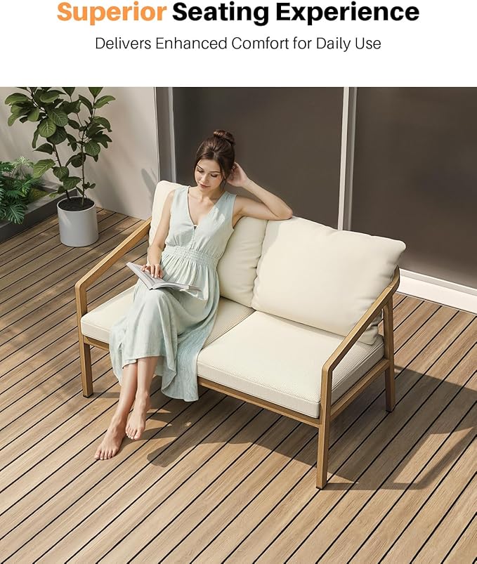 Teak Outdoor Patio Loveseat, Never-Rust Aluminum Outdoor Loveseat Couch - Image 4