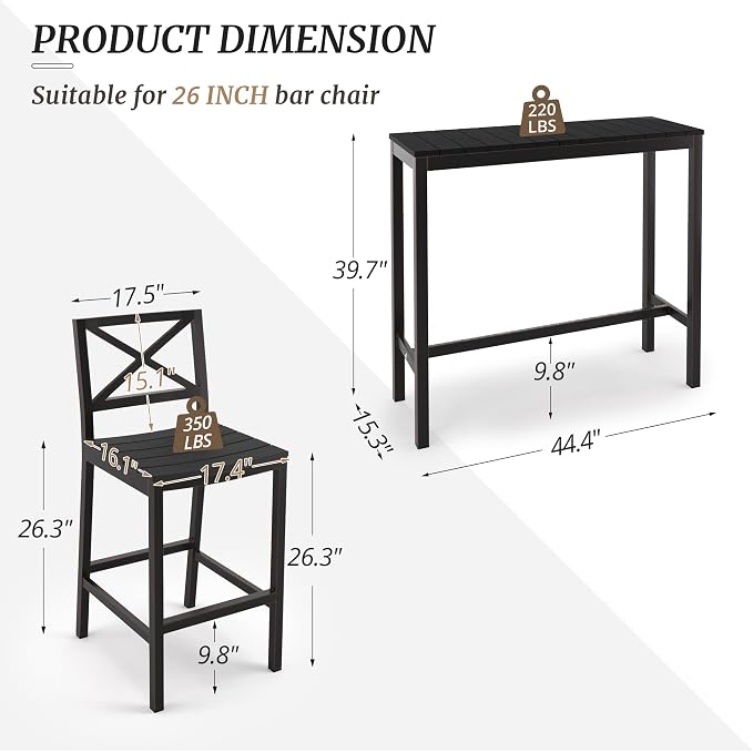 Outdoor Bar Height Table and Chairs Set, 3 Piece Black Top and Bronze Leg Patio - Image 3