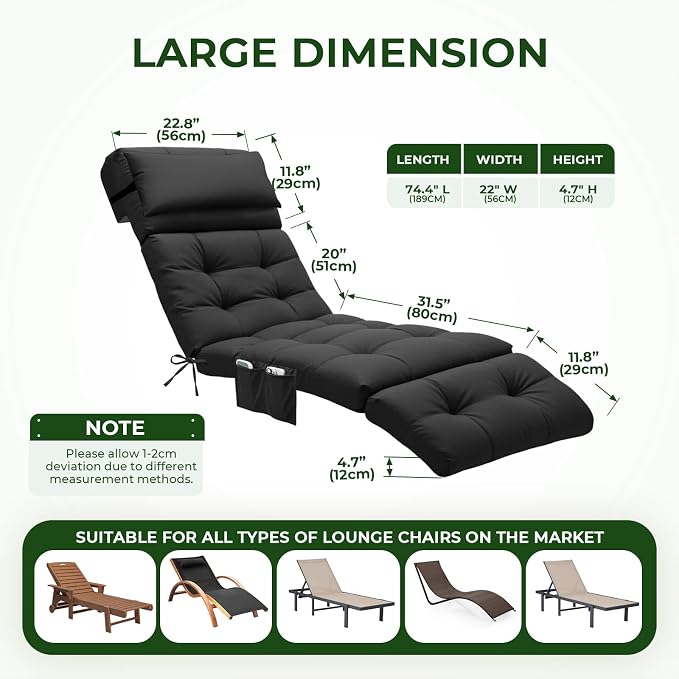 Outdoor Chaise Lounge Chair Cushion Waterproof 74.4 x 22 x 4.7 Inches Lounge - Image 3