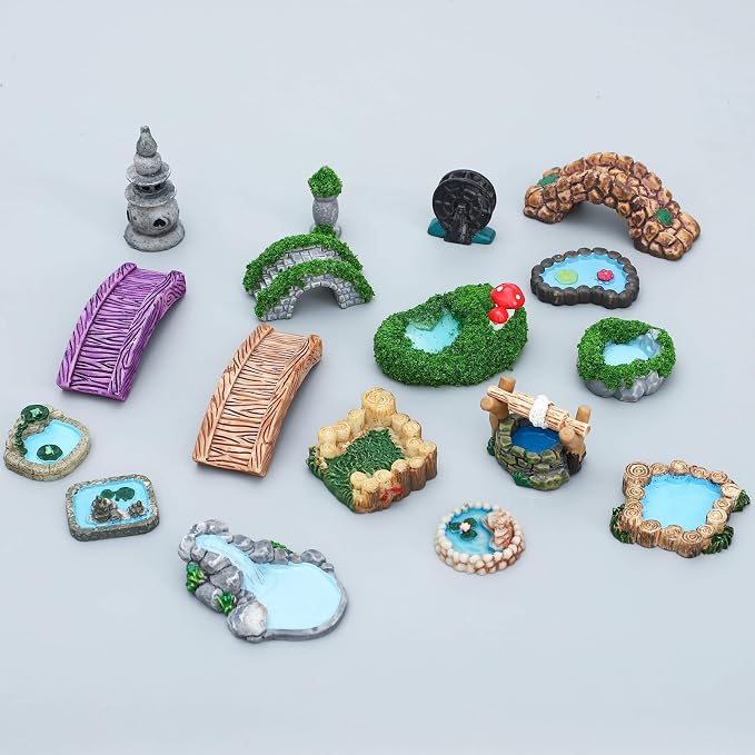 ONEST 17 Pieces Garden Miniature Accessories Mini Bridge Lighthouse Well Pond - Image 4