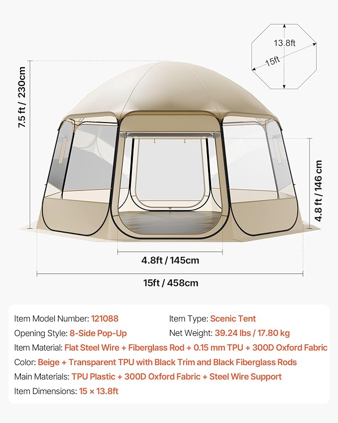 VEVOR Pop up Sports Tent, 8 Sizes Optional Clear Bubble Tent - Image 7