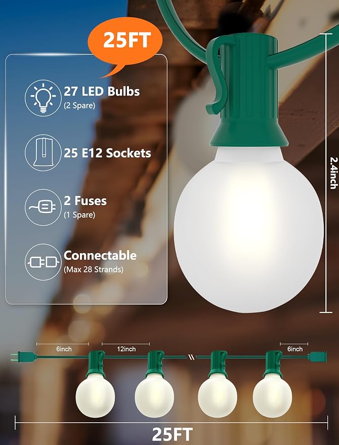 SUNSGNE 25Ft Globe Christmas Lights Outdoor, G40 LED Round Christmas Lights - Image 2