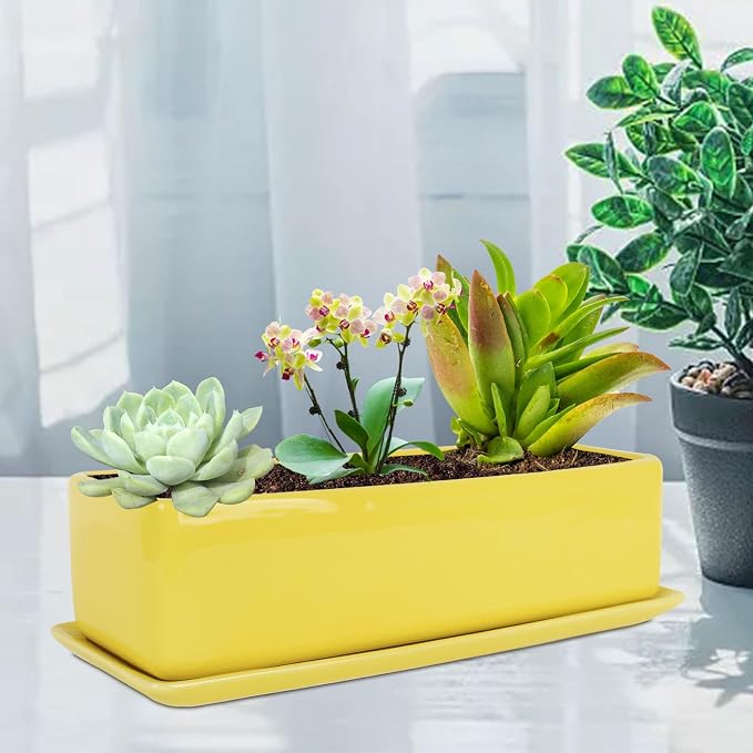 Vencer 14 Inch Rectangular Modern Minimalist Ceramic Succulent Planter Pot - Image 6