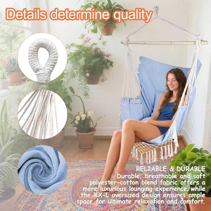 Hammock Chair Hanging Rope Swing Chair, Max 450 Lbs, Large Hanging Chair - Image 5