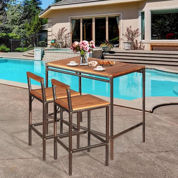 HAPPYGRILL 3 Pieces Outdoor Wicker Rattan Bar Set, Acacia Wood Patio Dining - Image 3