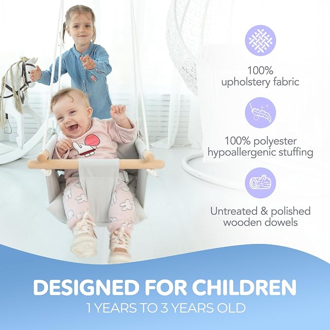 CaTeam - Canvas Baby Swing, Wooden Hanging Swing Seat Chair - Image 2