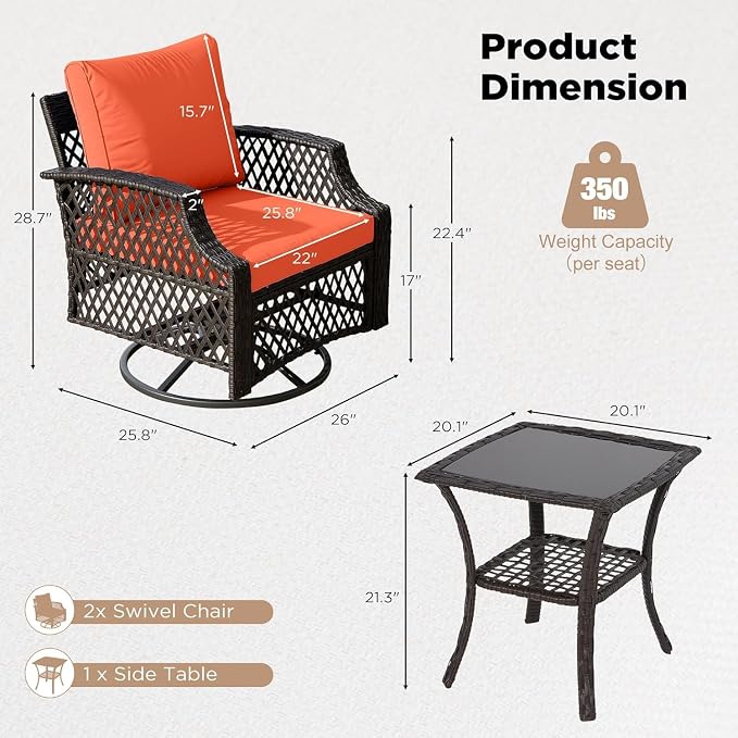 HOMREST 3 Piece Outdoor Swivel Chair Set, Wicker Patio Bistro Set - Image 2