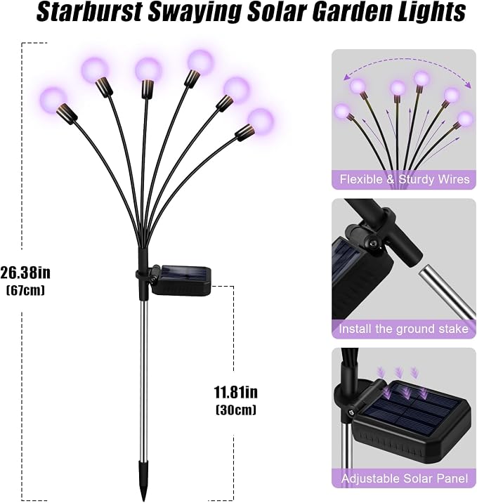 Solar Garden Lights Outdoor, 4 Pack Firefly Swaying Lights Purple, Waterproof 4 - Image 6