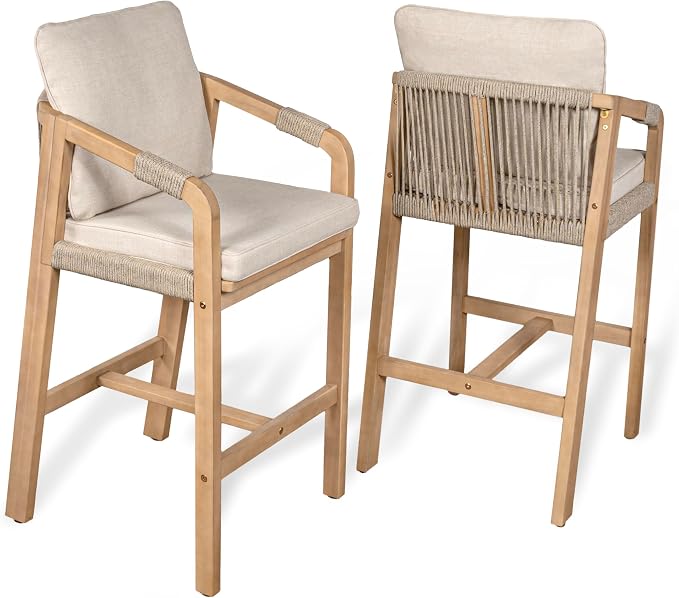 JONATHAN Y BSL1200A-SET2 Porto Modern Coastal Tub Roped Acacia Wood Outdoor Bar by JONATHANY