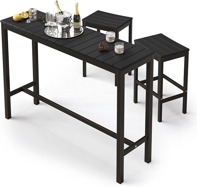 Outdoor Bar Height Table and Chairs Set, 3 Piece Black Top and Bronze Leg Patio by COZYMAN