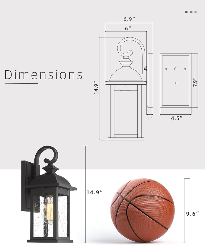 FEMILA Outdoor Wall Sconce, 14.9" Matte Black Seeded Glass Outdoor Sconce Lights - Image 2