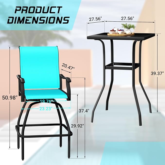 LEVELEVE Patio Bar Set 2pcs Swivel Bar Stools Outdoor Bistro Textilene - Image 2