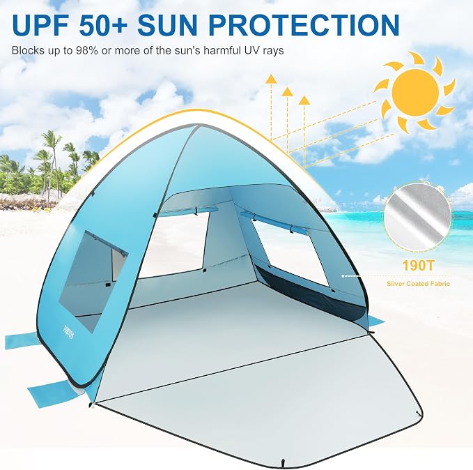 TOBTOS UPF 50+ Pop Up Beach Tent, Easy Set Up Beach Umbrella, Sun Shelter - Image 4