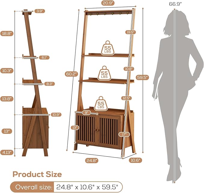 Bookcase with Drawers, 4-Tier Bamboo Bookshelf Ladder Shelf with 6 Hooks - Image 4