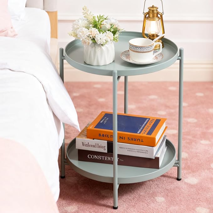 HollyHOME 2-Tier Round Side Table, Outdoor Small Folding Accent Stand - Image 2