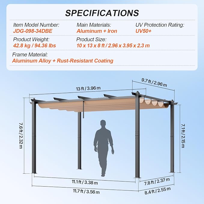 VEVOR 10'x13' Outdoor Retractable Pergola - Image 7