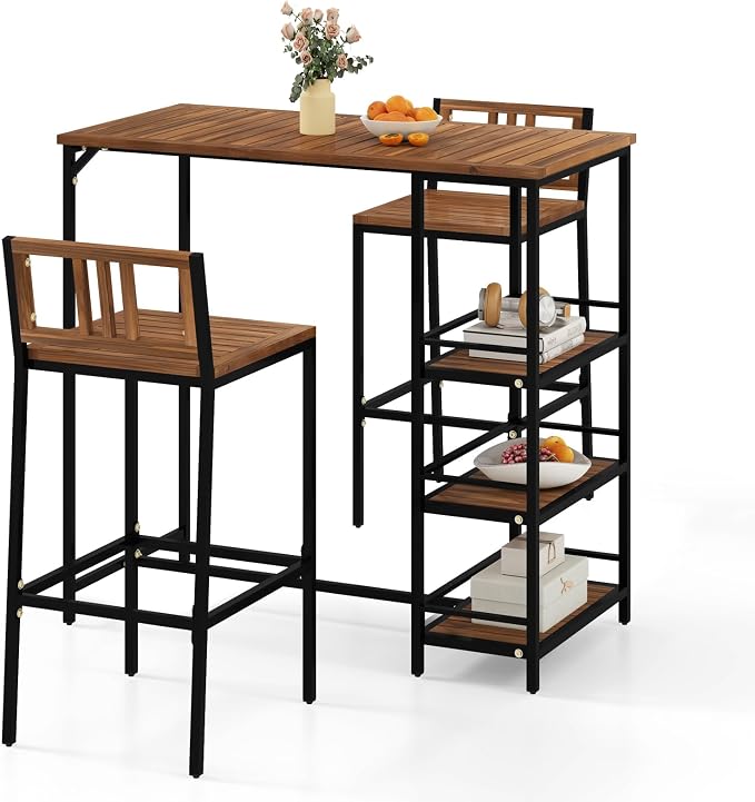 Tangkula Outdoor Wood Bar Set, 3 Pieces Patio Bar Height Table & Chair Set w/ by TANGKULA