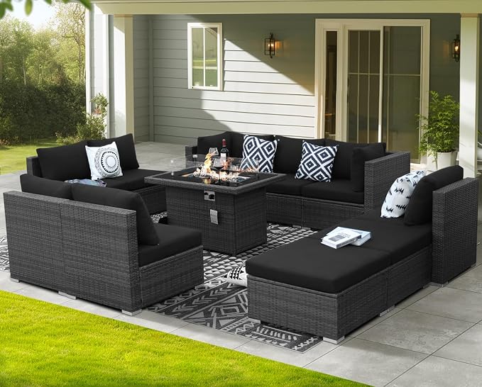 NICESOUL 11 Piece Outdoor Furniture Set w/Fireplace, Luxury Patio Sectional - Image 3