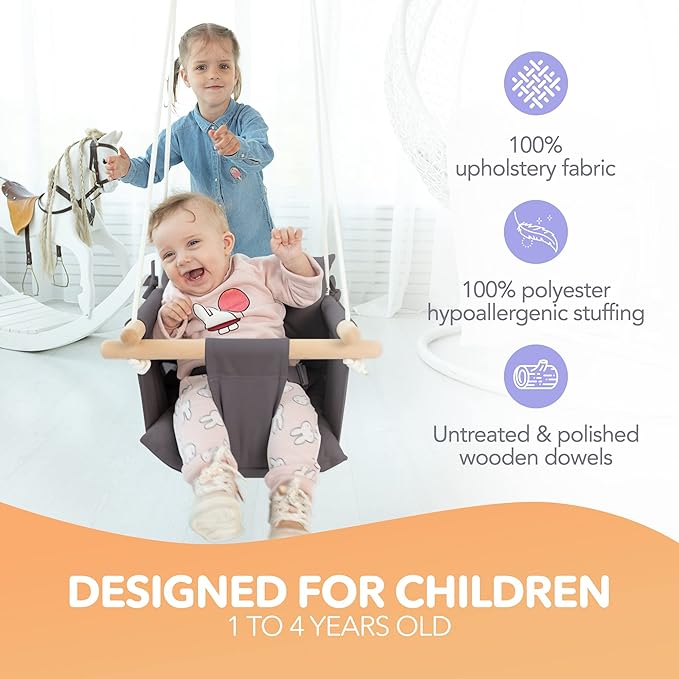 CaTeam - Canvas Baby Swing, Wooden Hanging Swing Seat Chair - Image 2