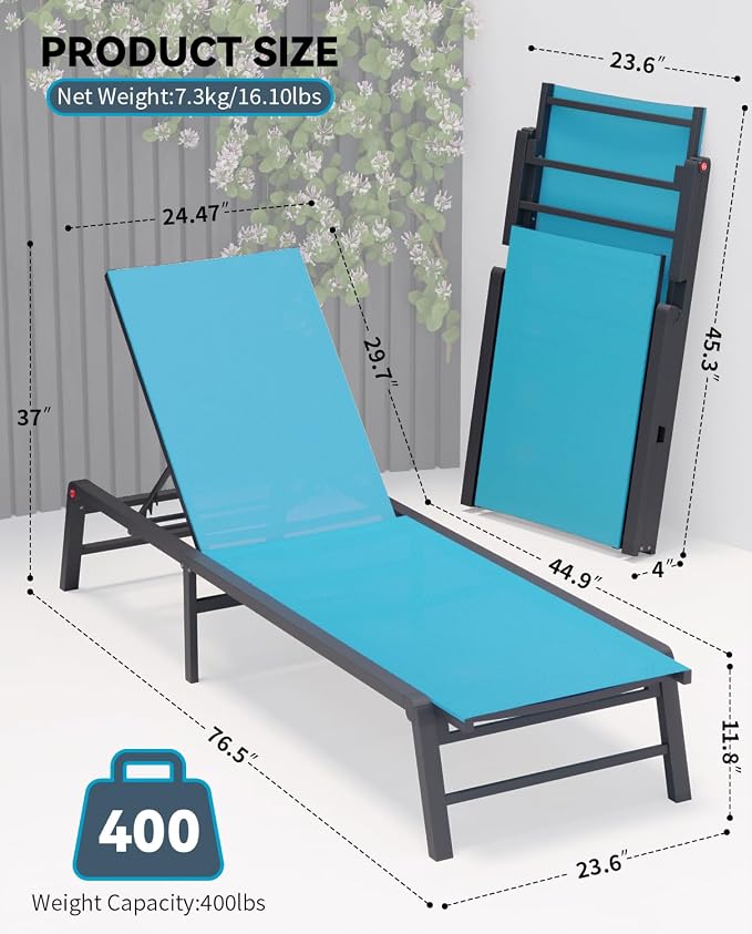 Aluminum Chaise Lounge Chair Outdoor, Foldable Patio Lounge Chair Assemble-Free - Image 2